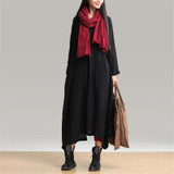 Johnature 2017 Autumn New Women Black Color Casual Dress Robe Long Sleeve V Neck Loose Brief Loose Irregular Long Dress