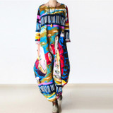 Johnature 2016 New Print Women Maxi Dress Cotton Linen Long Sleeve Robe O-Neck Loose Plus Size Long Autumn Clothing Dress
