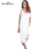WAQIA Plus Size 2018 Women Summer Dress Cotton Short Sleeve Solid V-neck Maxi Dress Female Loose Boho Beach Party Long Dress