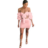 Wantmove women 2018 summer fashion off the shoulder 2 pieces mini dress puff sleeve tie-up sexy club wear dress for women JZ038