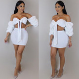 Wantmove women 2018 summer fashion off the shoulder 2 pieces mini dress puff sleeve tie-up sexy club wear dress for women JZ038
