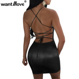 Wantmove sexy club metallic dress 2017 summer open back lace up sleeveless mini dress women bodycon dresses for women JZ067