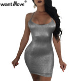 Wantmove sexy club metallic dress 2017 summer open back lace up sleeveless mini dress women bodycon dresses for women JZ067