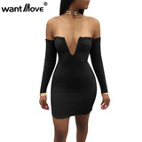 Wantmove ribbed sexy women 2018 autumn dress black sleeveless mock deep V neck fashion bodycon mini dresses for women XD678