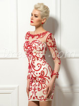 2017 Delicated Short Cocktail Dresses Sexy Sheath Red Fine Beadings Scoop Long Sleeves Vestidos De Cocktail Wedding Party Dress