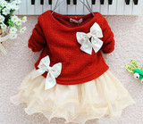 Lovely Baby Girls Dress Knit Crochet Sweater Tops Lace Bowknot Dresses Clothing