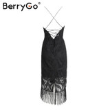 BerryGo Zipper white lace dress new year Backless V neck beach summer dress women Hollow out sexy party dresses tassels vestidos