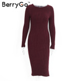 BerryGo Winter split knitted bodycon dress women Sexy long sleeve midi dress 2016 Elegant warm slim sweater dress vestidoes