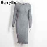 BerryGo Winter split knitted bodycon dress women Sexy long sleeve midi dress 2016 Elegant warm slim sweater dress vestidoes