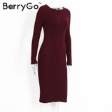 BerryGo Winter split knitted bodycon dress women Sexy long sleeve midi dress 2016 Elegant warm slim sweater dress vestidoes