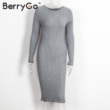 BerryGo Winter split knitted bodycon dress women Sexy long sleeve midi dress 2016 Elegant warm slim sweater dress vestidoes