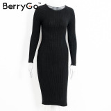 BerryGo Winter split knitted bodycon dress women Sexy long sleeve midi dress 2016 Elegant warm slim sweater dress vestidoes