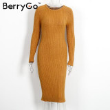 BerryGo Winter split knitted bodycon dress women Sexy long sleeve midi dress 2016 Elegant warm slim sweater dress vestidoes