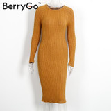 BerryGo Winter split knitted bodycon dress women Sexy long sleeve midi dress 2016 Elegant warm slim sweater dress vestidoes