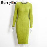 BerryGo Winter split knitted bodycon dress women Sexy long sleeve midi dress 2016 Elegant warm slim sweater dress vestidoes