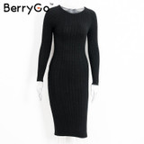 BerryGo Winter split knitted bodycon dress women Sexy long sleeve midi dress 2016 Elegant warm slim sweater dress vestidoes