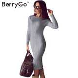 BerryGo Winter split knitted bodycon dress women Sexy long sleeve midi dress 2016 Elegant warm slim sweater dress vestidoes