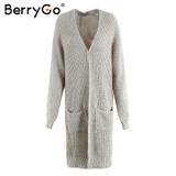 BerryGo Winter knitted sweater long cardigan Women autumn long sleeve pocket cardigan Casual streetwear loose sweater jumper