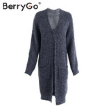 BerryGo Winter knitted sweater long cardigan Women autumn long sleeve pocket cardigan Casual streetwear loose sweater jumper