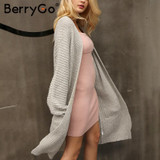 BerryGo Winter knitted sweater long cardigan Women autumn long sleeve pocket cardigan Casual streetwear loose sweater jumper