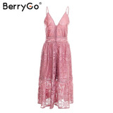 BerryGo v neck sexy lace summer dress women Strap button casual white dress female Streetwear backless midi dress vestidos 2018