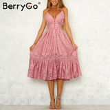BerryGo v neck sexy lace summer dress women Strap button casual white dress female Streetwear backless midi dress vestidos 2018