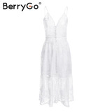 BerryGo v neck sexy lace summer dress women Strap button casual white dress female Streetwear backless midi dress vestidos 2018