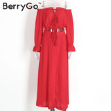 BerryGo Vintage club long dress Two piece set beach summer dress women 2017 new year Off shoulder chiffon red maxi dress vestido