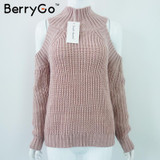 BerryGo turtleneck off shoulder sexy pullover sweater women Tricot oversize jumper pull femme Autumn fashion knitted top