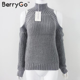 BerryGo turtleneck off shoulder sexy pullover sweater women Tricot oversize jumper pull femme Autumn fashion knitted top