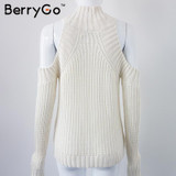 BerryGo turtleneck off shoulder sexy pullover sweater women Tricot oversize jumper pull femme Autumn fashion knitted top