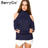 BerryGo turtleneck off shoulder sexy pullover sweater women Tricot oversize jumper pull femme Autumn fashion knitted top