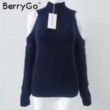 BerryGo turtleneck off shoulder sexy pullover sweater women Tricot oversize jumper pull femme Autumn fashion knitted top