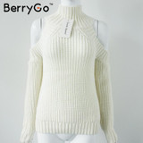 BerryGo turtleneck off shoulder sexy pullover sweater women Tricot oversize jumper pull femme Autumn fashion knitted top