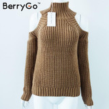 BerryGo turtleneck off shoulder sexy pullover sweater women Tricot oversize jumper pull femme Autumn fashion knitted top