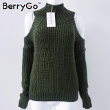 BerryGo turtleneck off shoulder sexy pullover sweater women Tricot oversize jumper pull femme Autumn fashion knitted top