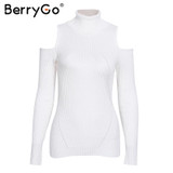BerryGo Turtleneck cold shoulder knitted sweater Women casual cotton streetwear pullover Female elegant autumn winter jumper