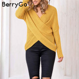 BerryGo Sexy V neck cross knitting winter sweater women Autumn pull knit casual jumper Fashion down sleeve pullover female 2017