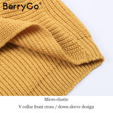BerryGo Sexy V neck cross knitting winter sweater women Autumn pull knit casual jumper Fashion down sleeve pullover female 2017