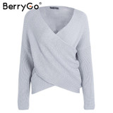 BerryGo Sexy V neck cross knitting winter sweater women Autumn pull knit casual jumper Fashion down sleeve pullover female 2017
