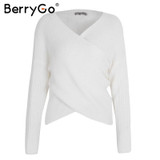 BerryGo Sexy V neck cross knitting winter sweater women Autumn pull knit casual jumper Fashion down sleeve pullover female 2017