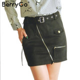BerryGo Sexy suede zipper motorcycle mini skirt women Streetwear belt pencil skirt 2017 fashion autumn winter short skirt female BerryGo Sexy suede zipper motorcycle mini skirt women Streetwear belt pencil skirt 2017 fashion autumn winter short skirt female