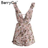 BerryGo Sexy ruffle floral print jumpsuit romper Causal hollow out summer beach playsuit Women deep v neck backless overalls