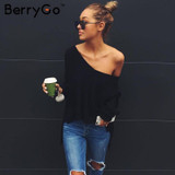 BerryGo Sexy off shoulder split knitted sweater Women brand black pullovers knitwear Autumn winter 2016 white jumper pull femme