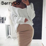 BerryGo Sexy off shoulder split knitted sweater Women brand black pullovers knitwear Autumn winter 2016 white jumper pull femme