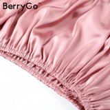 BerryGo Sexy off shoulder ruffle satin blouse shirt Soft flare sleeve bow summer tops Elegant glossy pink women blouses blusas