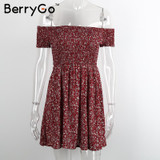 BerryGo Sexy off shoulder print summer dress Vintage high waist beach dress 2016 Elegant fit and flare short girls dresses women