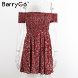 BerryGo Sexy off shoulder print summer dress Vintage high waist beach dress 2016 Elegant fit and flare short girls dresses women