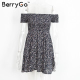 BerryGo Sexy off shoulder print summer dress Vintage high waist beach dress 2016 Elegant fit and flare short girls dresses women