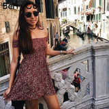 BerryGo Sexy off shoulder print summer dress Vintage high waist beach dress 2016 Elegant fit and flare short girls dresses women